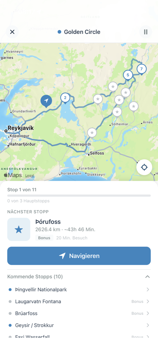Reisebegleiter-Modus mit Karte und Stop-Liste