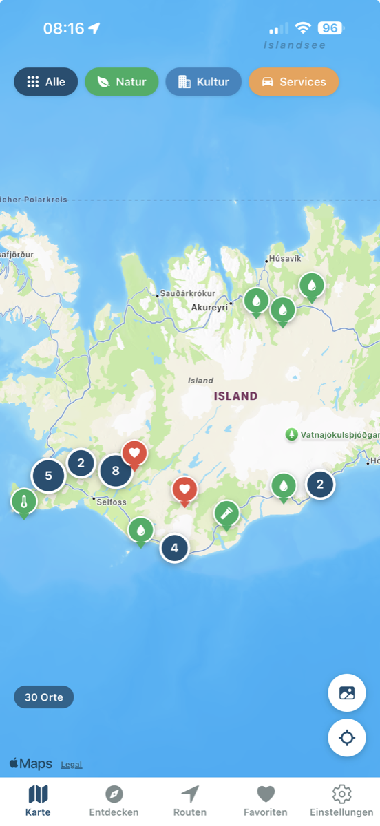 Island-Karte mit POI-Markern