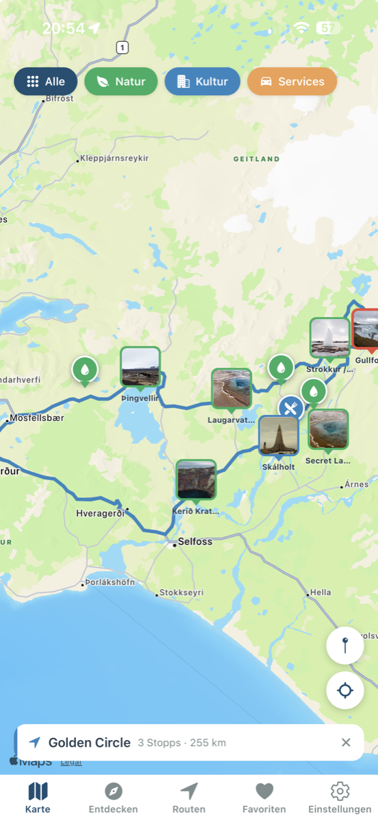 Golden Circle Route in der Iceland Explorer App