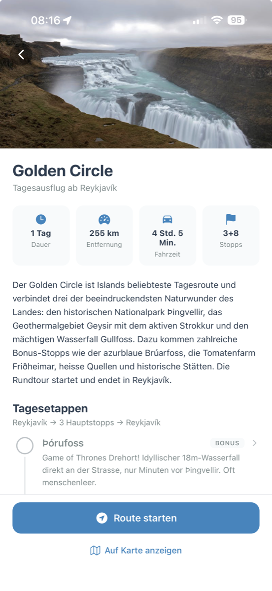 Golden Circle Route-Detail mit Statistiken